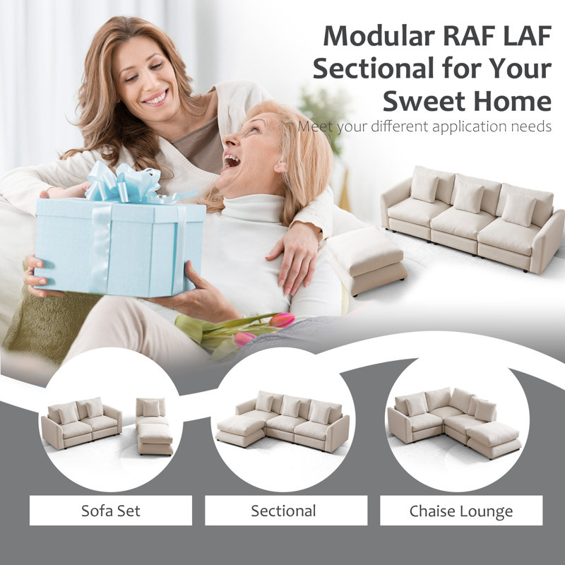 Arlynda 102.2"W Upholstery Modular Sectional, RAF, LAF, Ottoman, Beige Polyester
