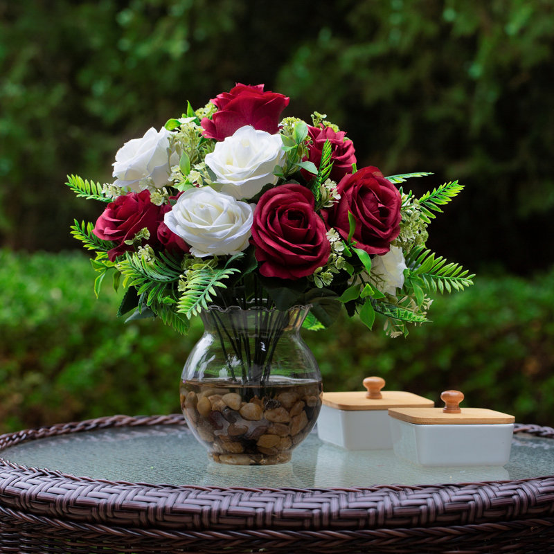 Silk Rose Arrangement in Vase, Cream/Burgundy