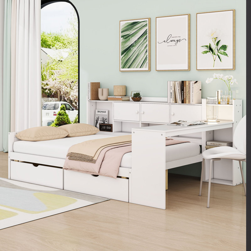 Lit de jour en bois avec tiroirs de rangement et bureau d'étude réglable, Lit double, Blanc