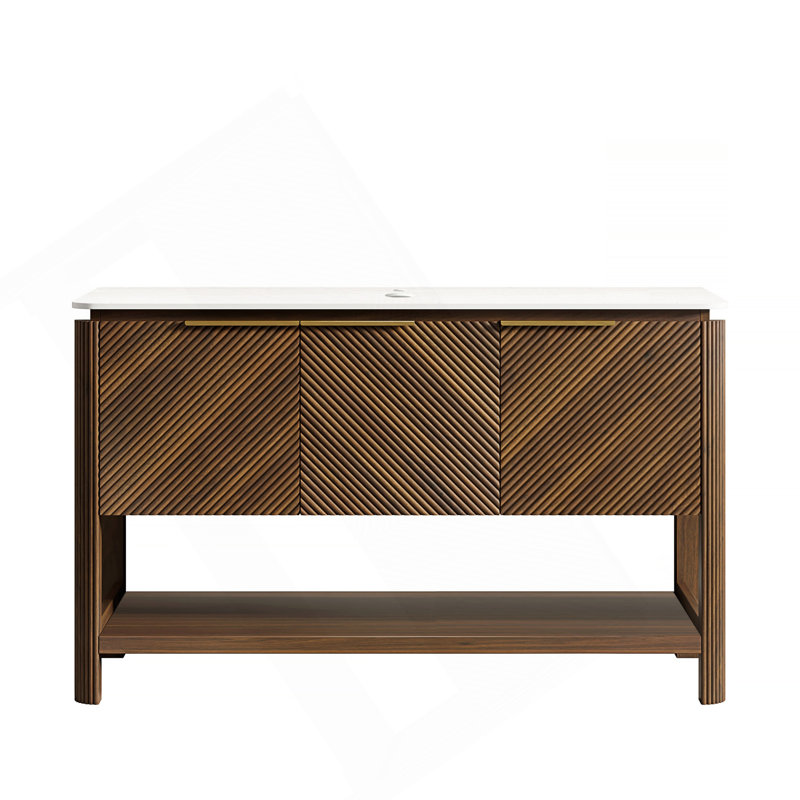 Armoire autoportante 48 po avec 3 portes et tablette ouverte, plateau en pierre frittée blanc de Carrare, sans lavabo, sans robinet ni drain, grain de bois noyer foncé