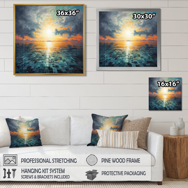 «Turquoise Minimal Lake Majestic Sunset - Sunset», reproduction d'art murale, Toile encadrée flottée blanche