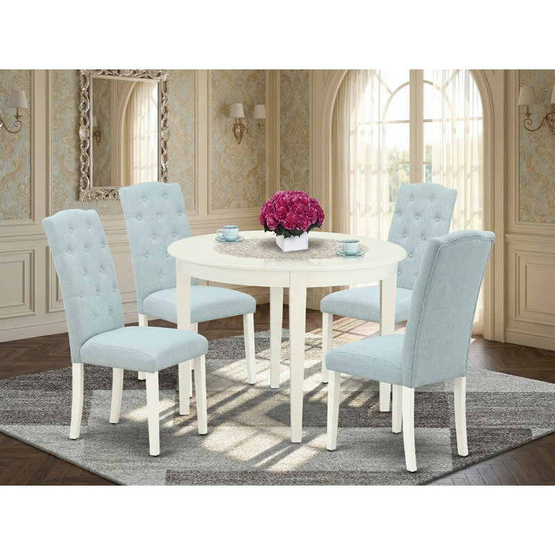Ensemble de table de salle à manger moderne 5 pièces comprenant une table de cuisine ronde et 4 chaises Parson rembourrées en tissu bleu bébé, lin blanc