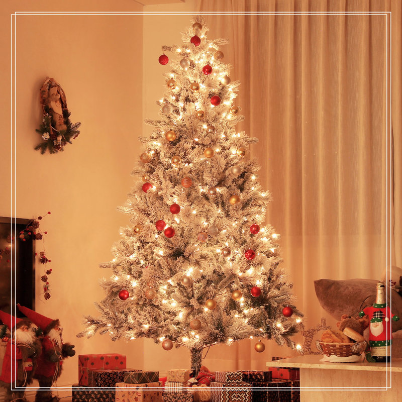Arbre de Noël artificiel 7,5 pi avec 500 lumières claires et 1530 pointes préinstallées, arbre de Noël enneigé, H 7,4 po