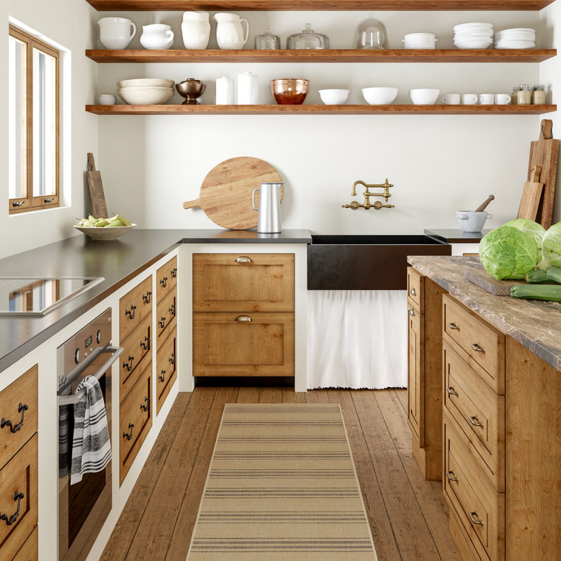 Gray and Natural Striped Washable Synthetic Runner Rug