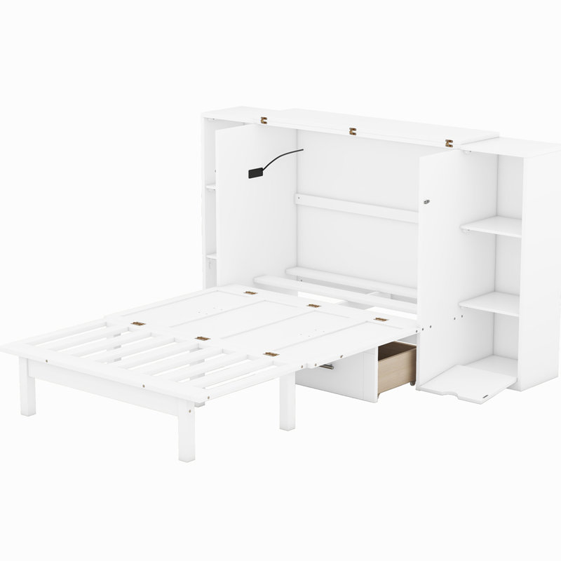 Lit escamotable avec tablettes, tiroirs et ports USB, Blanc, Grand