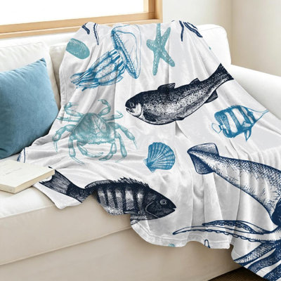 Jeté en flanelle bleue molletonnée ultra douce, impression d'un seul côté étoile de mer