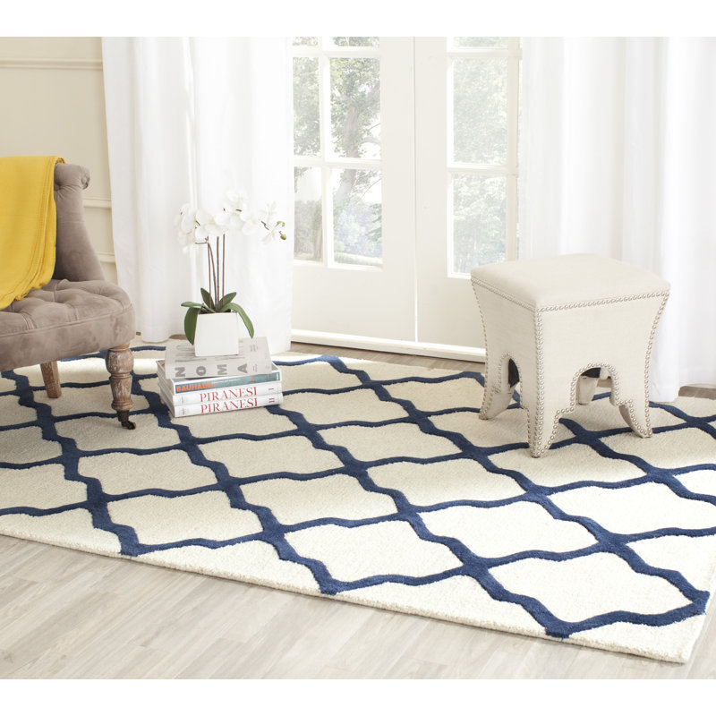 Cannen Hand Tufted Wool Geometric Rug, Rectangle 3' x 5', Ivory/Navy Blue