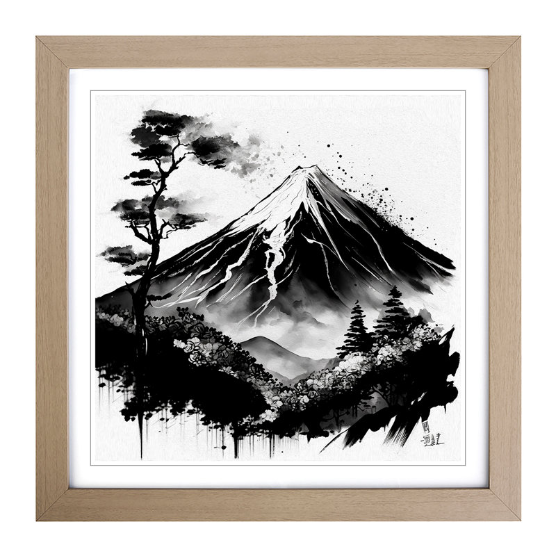 Mount Fuji Ink Wash - Single Picture Frame Print on Wood, Oak