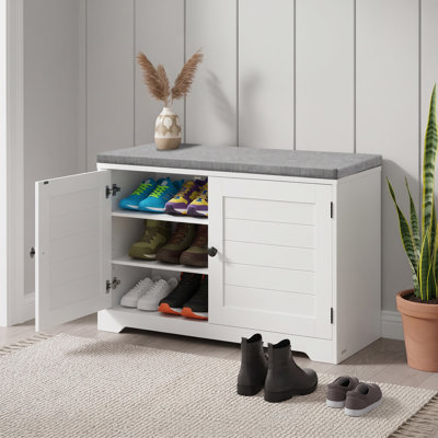 Banc de rangement pour chaussures avec coussin, banc d'entrée à 3 niveaux avec siège rembourré, portes, tablettes réglables, 14 x 31,9 x 20,7 pouces, pour le couloir, la chambre à coucher