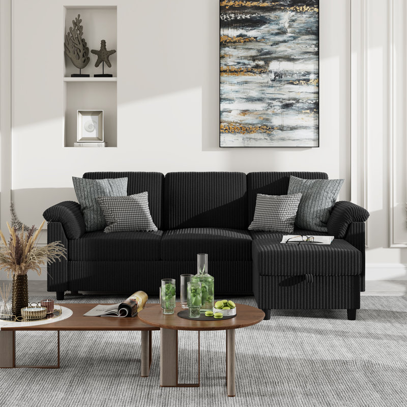 79" Upholstered L-Shaped Sofa with Ottoman , Black
