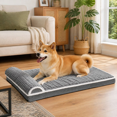Grey 36''X24'' orthopedic pillow-style sofa bed for large dogs, using egg-crate foam with a furry puppy crate-mat surface, waterproof removable washable cover, and nonskid bottom.