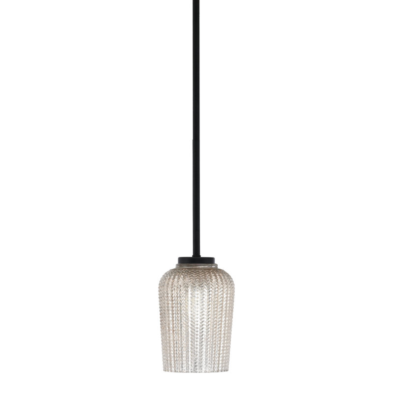 Mini-luminaire suspendu 1 lumière Amarmula, finition noir mat, verre côtelé transparent de 6 po, Argenté/Transparent