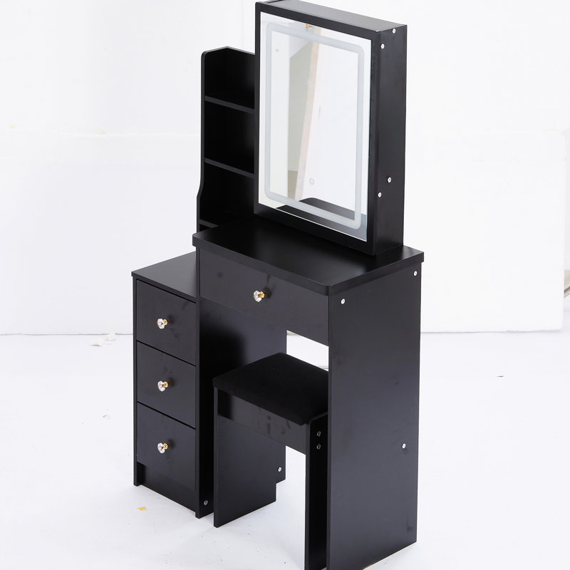 Small Vanity Table With Cushioned Seat & Touch Control Led Mirror, 3 Colour Choices Adjustable , Black , American Fashion Small Space Sliding Brightness And Adjustable, Stool,