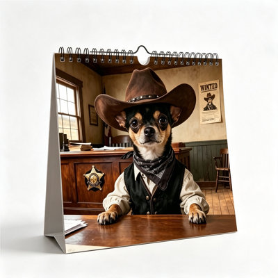 Pendentif acrylique Calendrier 2027 Chien Cowboy - Calendrier mural humoristique style western avec chien - Calendrier de 12 mois - Ordre du jour amusant pour la famille, le bureau, l'école et les amoureux des chiens