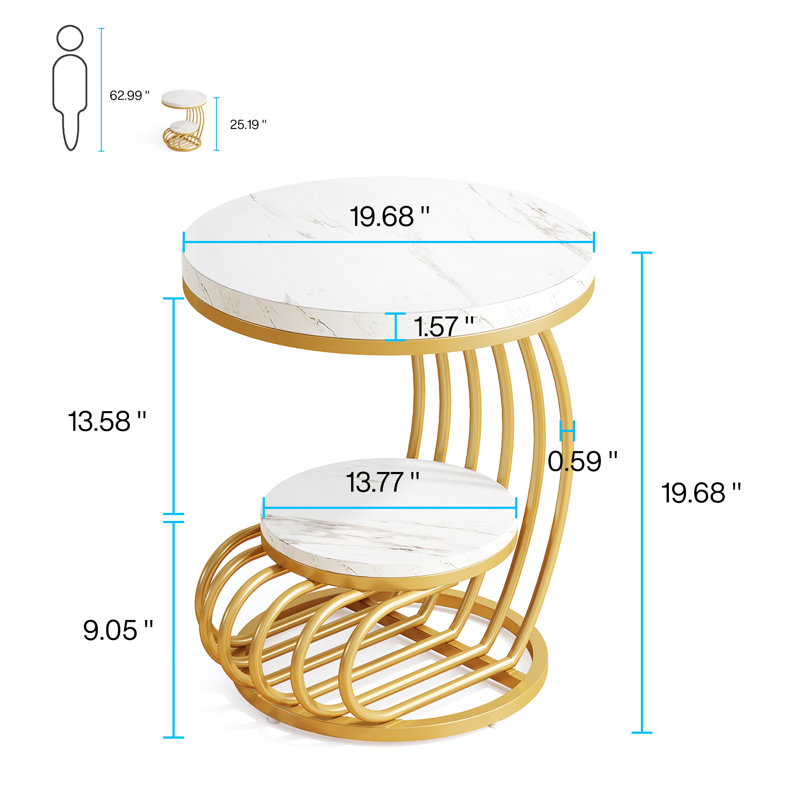 2-Tier Round End Side Table Set, White, Gold