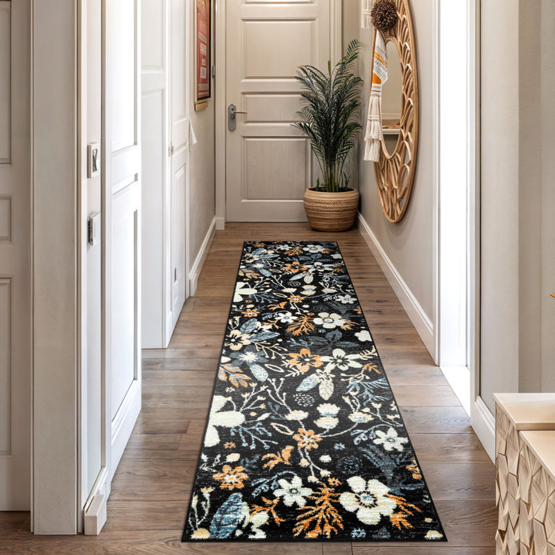 Tapis noir à motif floral multicolore, Tapis de couloir 2 pi 2 po x 12 pi