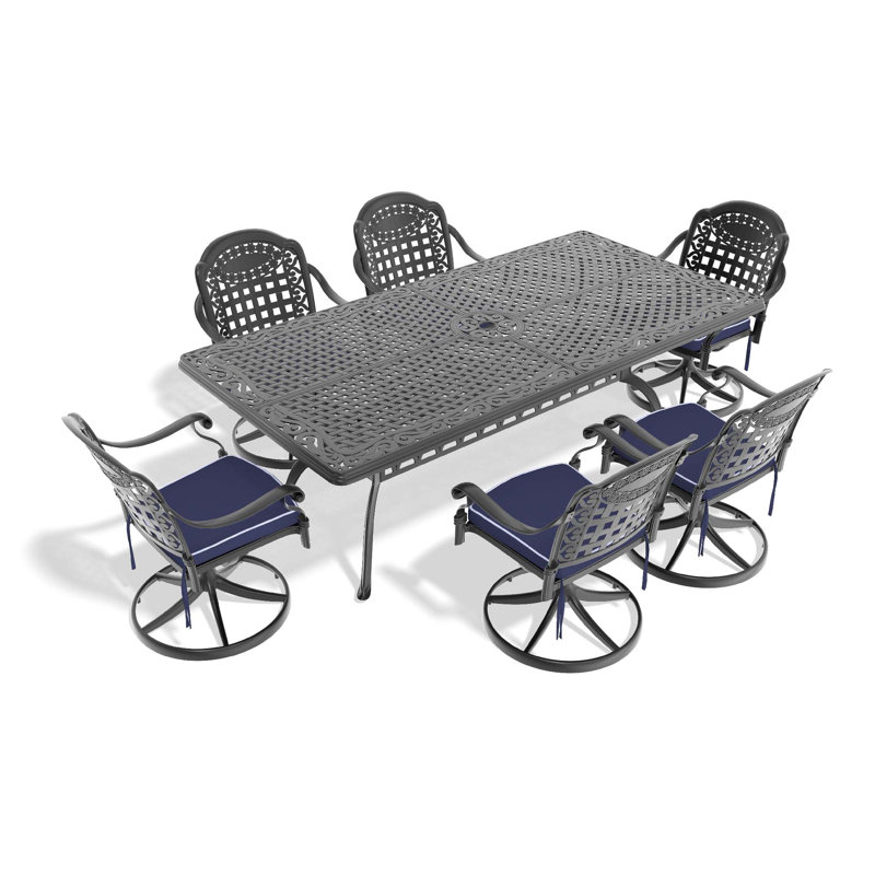 All-Weather Cast Aluminum Dining Set, Include Swivel Chairs And Rectangular Table With Black Frame, 5 Pieces: Table, 4 Chairs