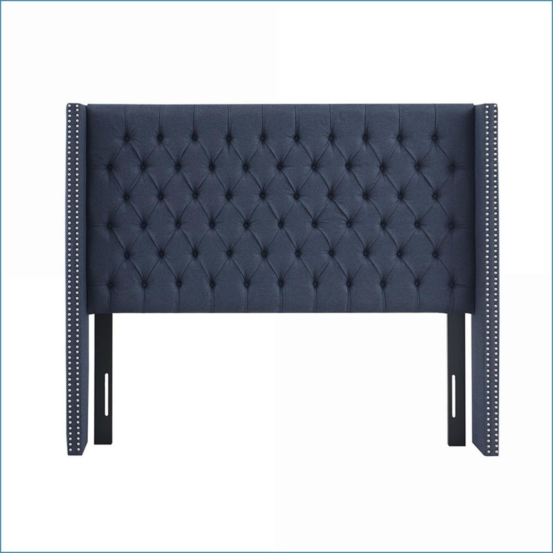 Queen Size Upholstered Headboard - Navy Blue Polyester Wingback with Button Tufting, Adjustable Height Metal Legs for Bedroom