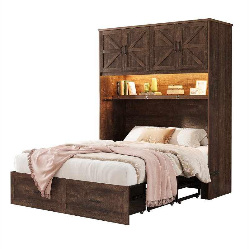 Lit escamotable avec armoires de rangement, Grand lit, Brun