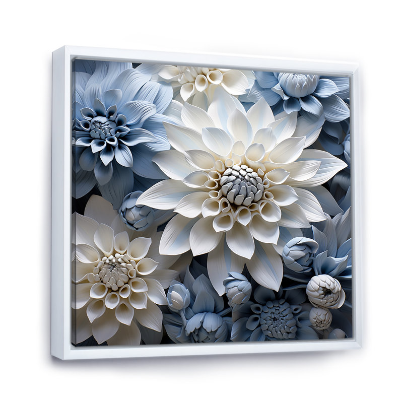 «Blue and White Dahlia Blossom Delight I», reproduction sur toile, Cadre flottant blanc, H 16 po x l 16 po x P 1 po