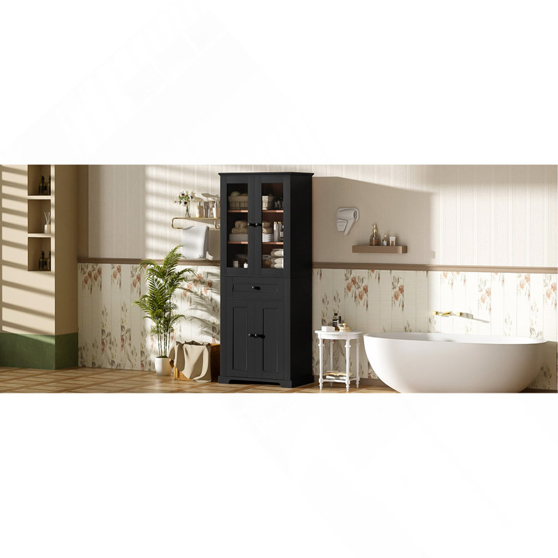 Armoire de rangement de 67,2 po de hauteur avec portes en verre trempé, tablettes réglables et tiroir - tour à linge autoportante moderne, conception à fermeture en douceur