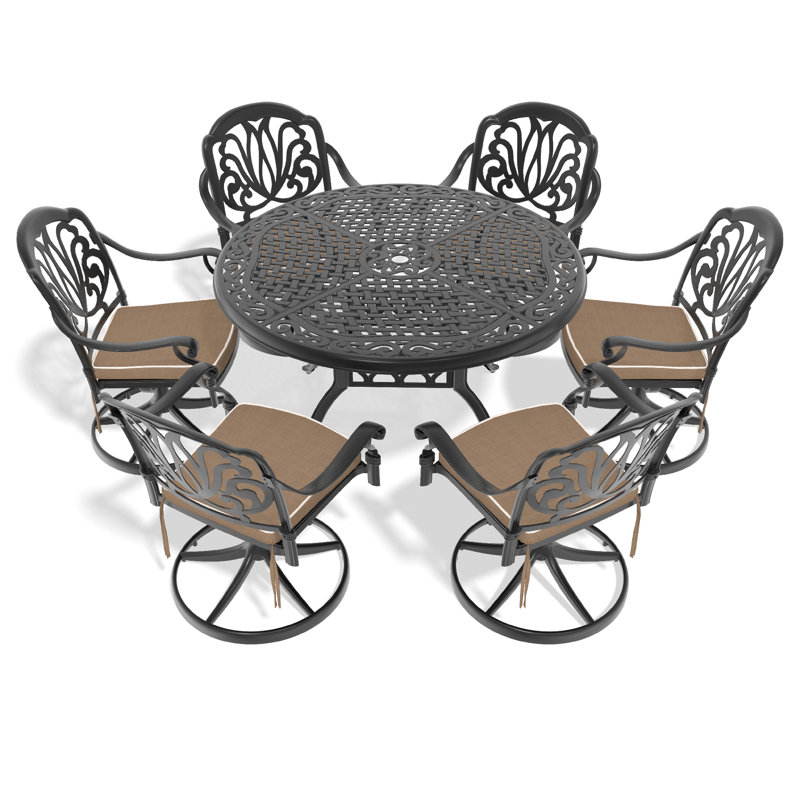 Ensemble de salle à manger 7 pièces en fonte d'aluminium toutes saisons, comprenant 6 chaises pivotantes et une table ronde de 48,03 po avec structure noire