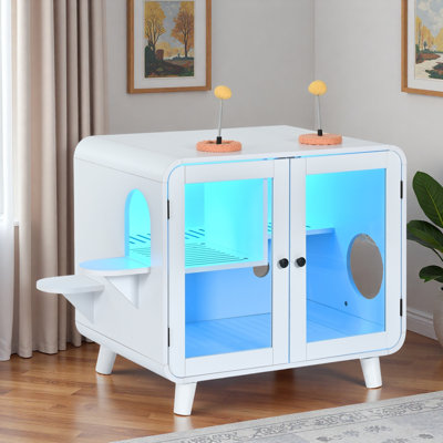 Cat Litter Box With Led Light, Side Stairs, Cat Pom-pom Toys, Litter Leak Walkway And Glass Doors