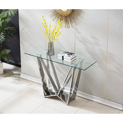 Luxury Glass Console Table, 47" Entryway Sofa Table With Silver Butterfly Stainless Steel Frame And Clear Tempered Glass Top, Rectangular Console Tabl