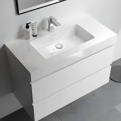 36 Inch Wall-Mounted Single Bathroom Vanity with Solid Surface Top with Overflow, Pre-Assembled