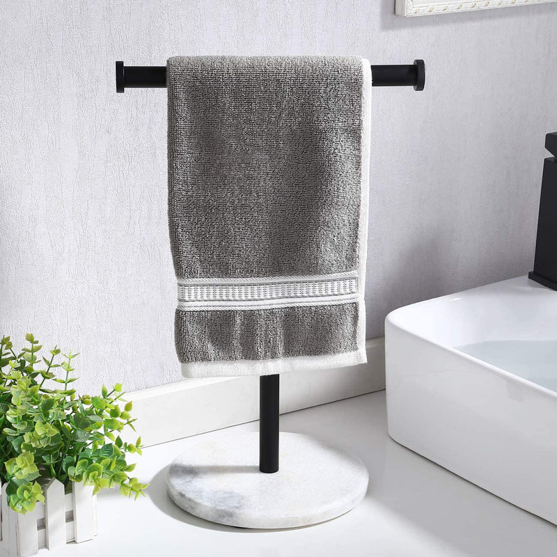 Modern Countertop T Shape Towel Stand with Heavy Weighted Round Marble Base for Bathroom and Kitchen, Table-Standing Towel Rack Matte Black Stainless Steel