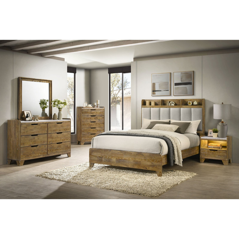 Ensemble de chambre à coucher 5 pièces, lit Mid-Century moderne, une table de chevet, une commode, un miroir de commode et une commode
