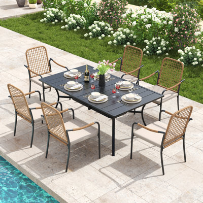 6-Person Rectangular Patio Dining Set With Cushioned Rattan Stackable Chairs