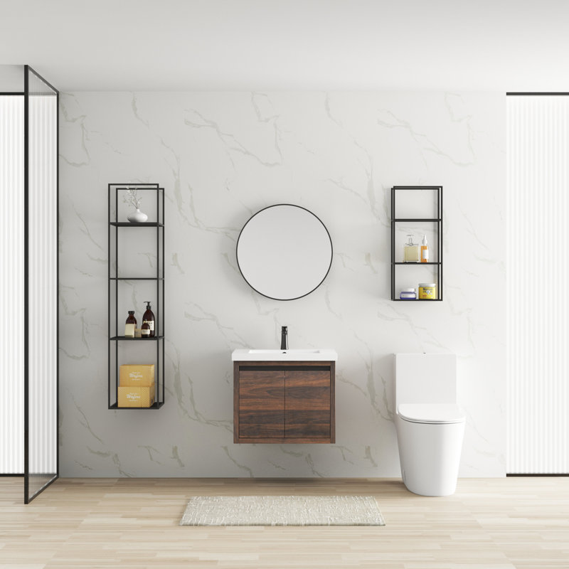 Armoire de salle de bain avec portes à fermeture en douceur - 24 po, fixation murale, noyer, évier moderne avec rangement 24 x 18 po, conception