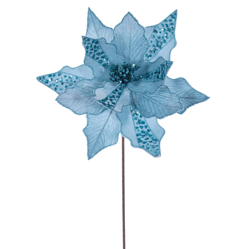 Vickerman 10" x 20" Baby Velvet Striped Poinsettia Stem. It includes three pieces per bag., Light Blue