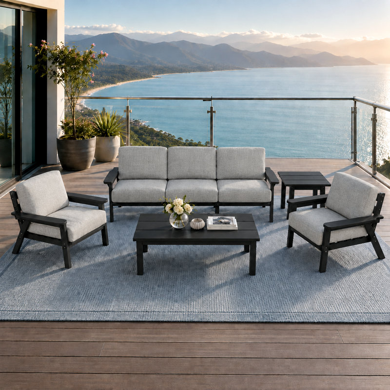 Ensemble de conversation de patio en PEHD pour 5 personnes avec coussins, ensemble de canapé de patio toutes saisons, ensemble de conversation extérieur