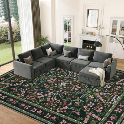 Tapis floral lavable rétro 9 pi x 12 pi en vert foncé, tapis doux en polyester touffeté à poils courts avec envers TPR antidérapant pour le salon, la chambre à coucher et la chambre de bébé