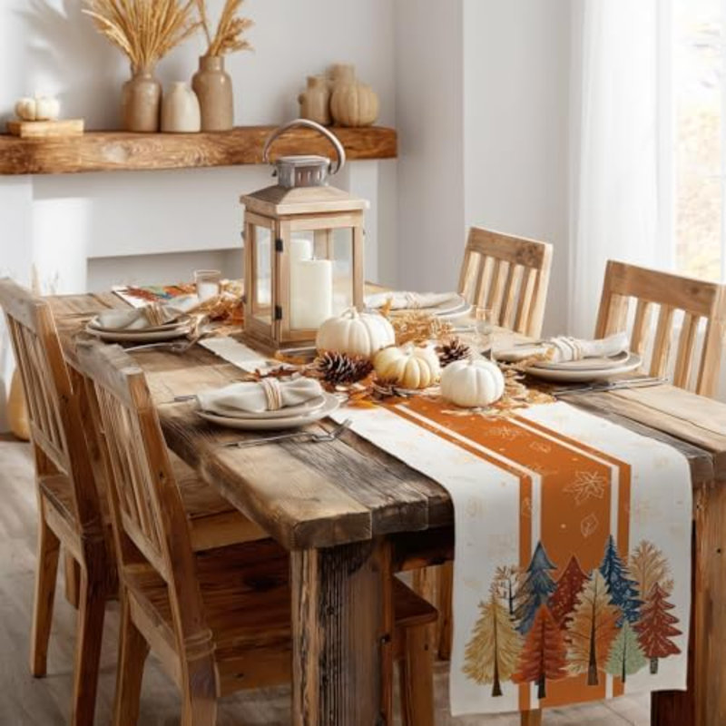 Fall Watercolor Trees & Maple Leaves Striped Table Runner 13x72 Inch, Rustic Farmhouse Autumn Thanksgiving Decor for Kitchen, Dining, Indoor/Outdoor Holiday Dinner Party Orange