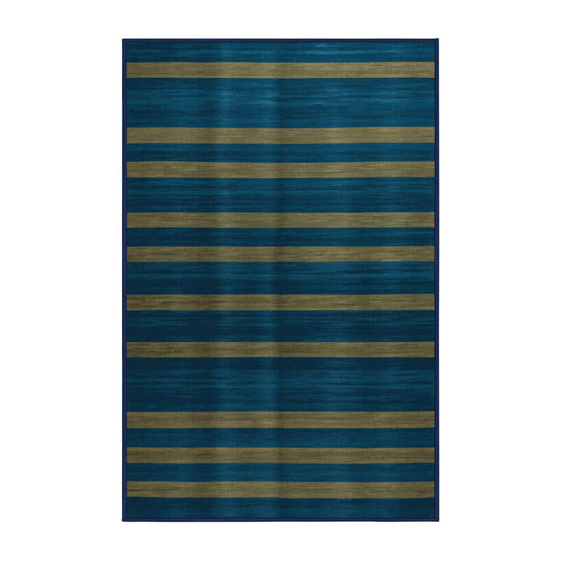 Tapis bleu à rayures horizontales lavable à la machine, Rectangle 4 pi x 6 pi