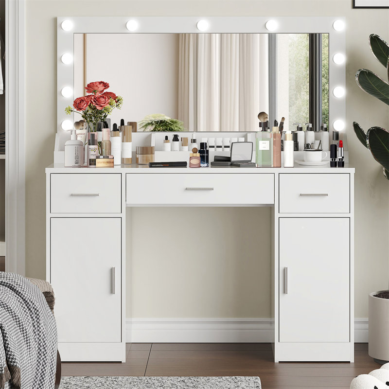 Bureau de coiffeuse 47,2 po avec grand miroir, 3 modes d'éclairage couleur, luminosité réglable, commode avec 3 tiroirs et 2 armoires verticales, coiffeuse pour femmes et filles