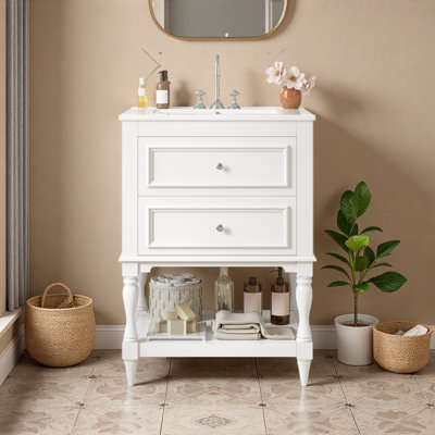 Meuble-lavabo 24 po avec lavabo en céramique, armoire de rangement avec portes à fermeture douce et tablette ouverte