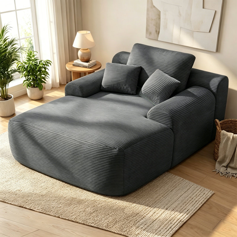 Méridienne convertible en velours côtelé, canapé-lit désossé gris avec accoudoirs larges et coussins décoratifs, fauteuil confortable en nuage pour le salon, pas d'assemblage requis