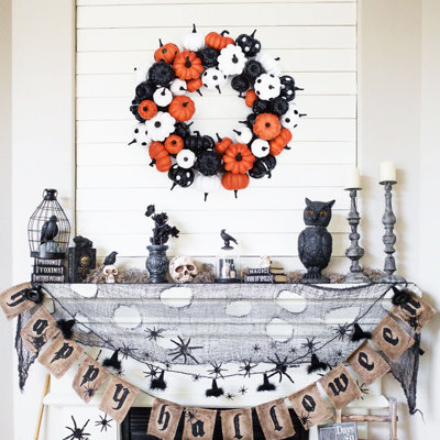18 Inch Fall Farmhouse Halloween Wreath with Orange, Black and White Pumpkins