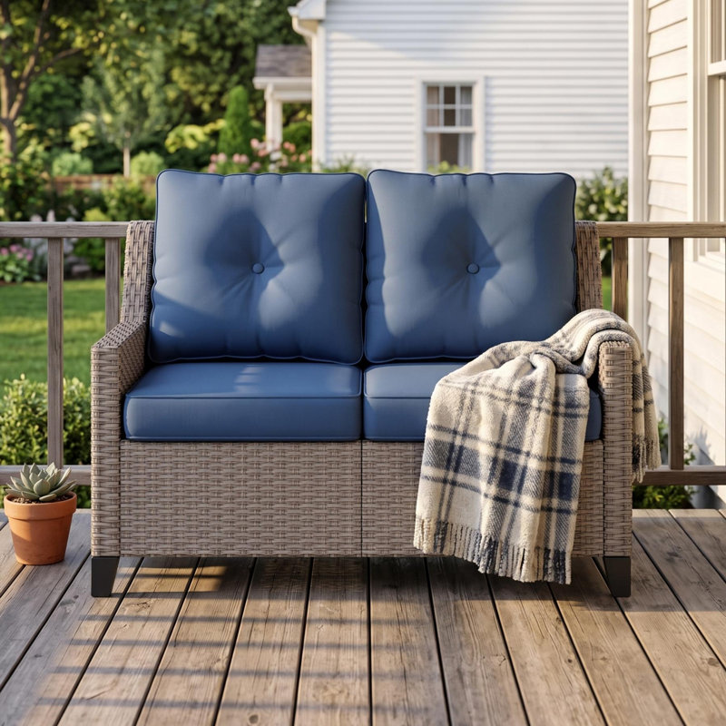 Causeuse en osier de rotin toutes saisons avec coussins 50,9 po Alto, Blue