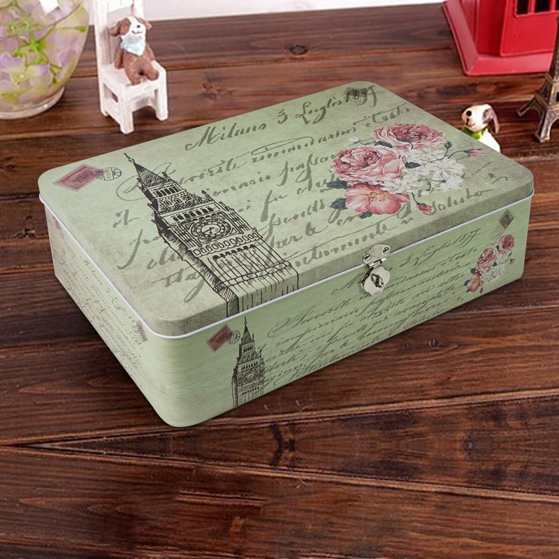 Vintage Letter Paper Cookie Container Decorative Secret Box With Key And Lock, Green