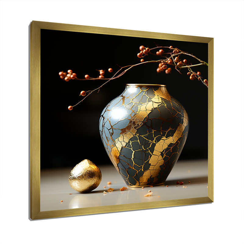 Japon, poterie Kintsugi doré I - Japon, art mural, Cadre doré simple, H 24 po x l 24 po x P 1 po