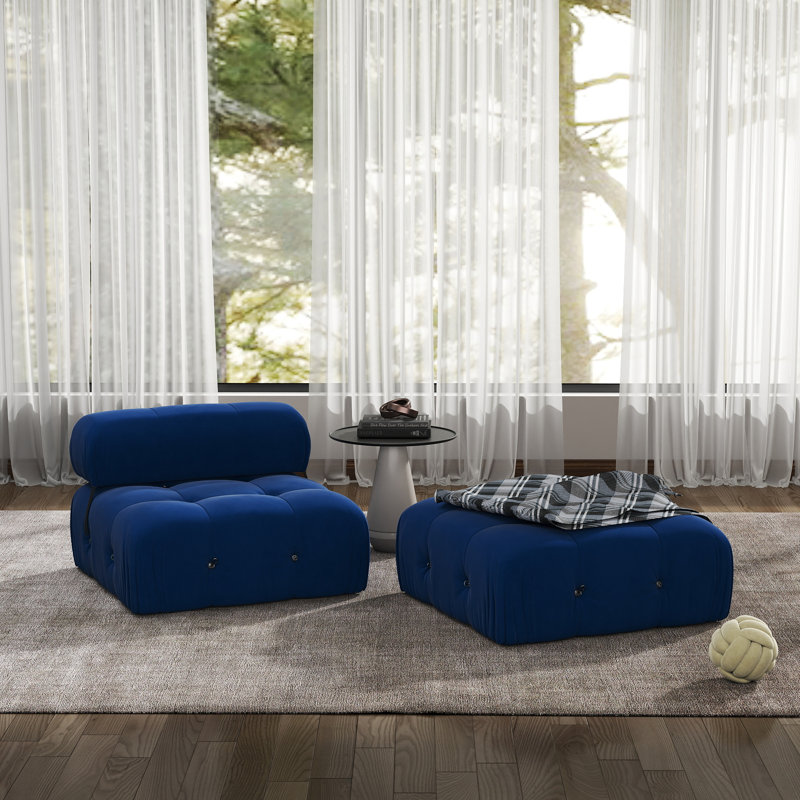 Cylar 2-Piece Upholstered Modern Velvet Armless Modular Sofa With Ottoman, Blue