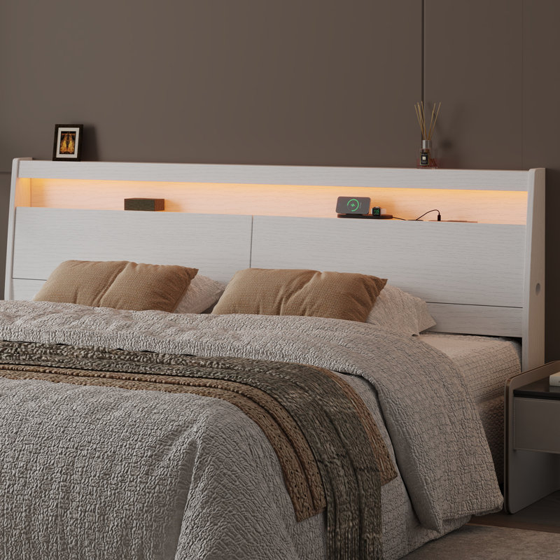 Queen Size Headboard with LED Lights, Storage Compartment & Built-in Charging Station, White Wood Grain Modern Headboard for Bed with RGB Ambient Light, Remote & App Control