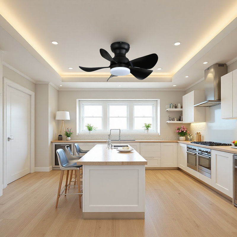 30 In. Black Modern Flush Mount Ceiling Fan With Light, 5 Abs Blades, Dc Motor, Reversible And Dimmable Led, Black, Black