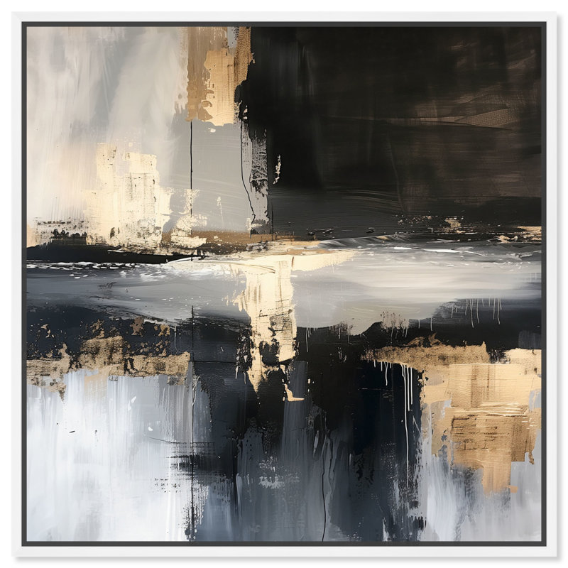 Art abstrait entre les lignes dorées sur toile par Art Remedy, H 41 po x l 41 po, Cadre blanc