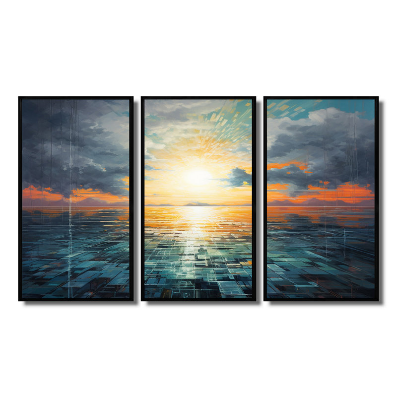 Coriène - ensemble d'art mural coucher de soleil, H 28 po x l 36 po x P 1 po, Cadre flottant noir
